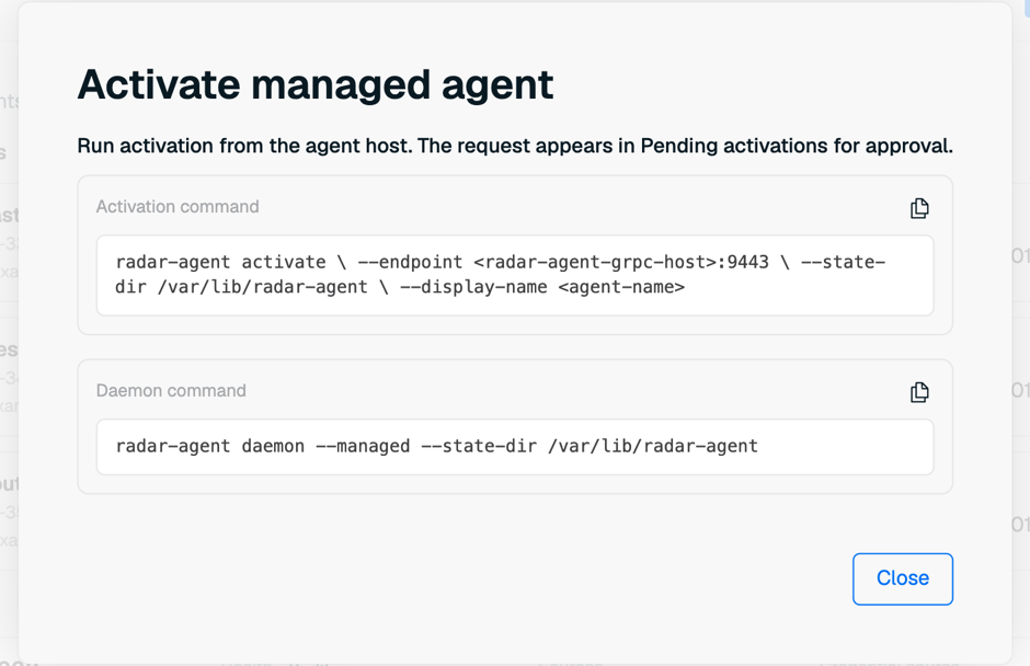 The Activate managed agent dialog, showing the activation command and the daemon command