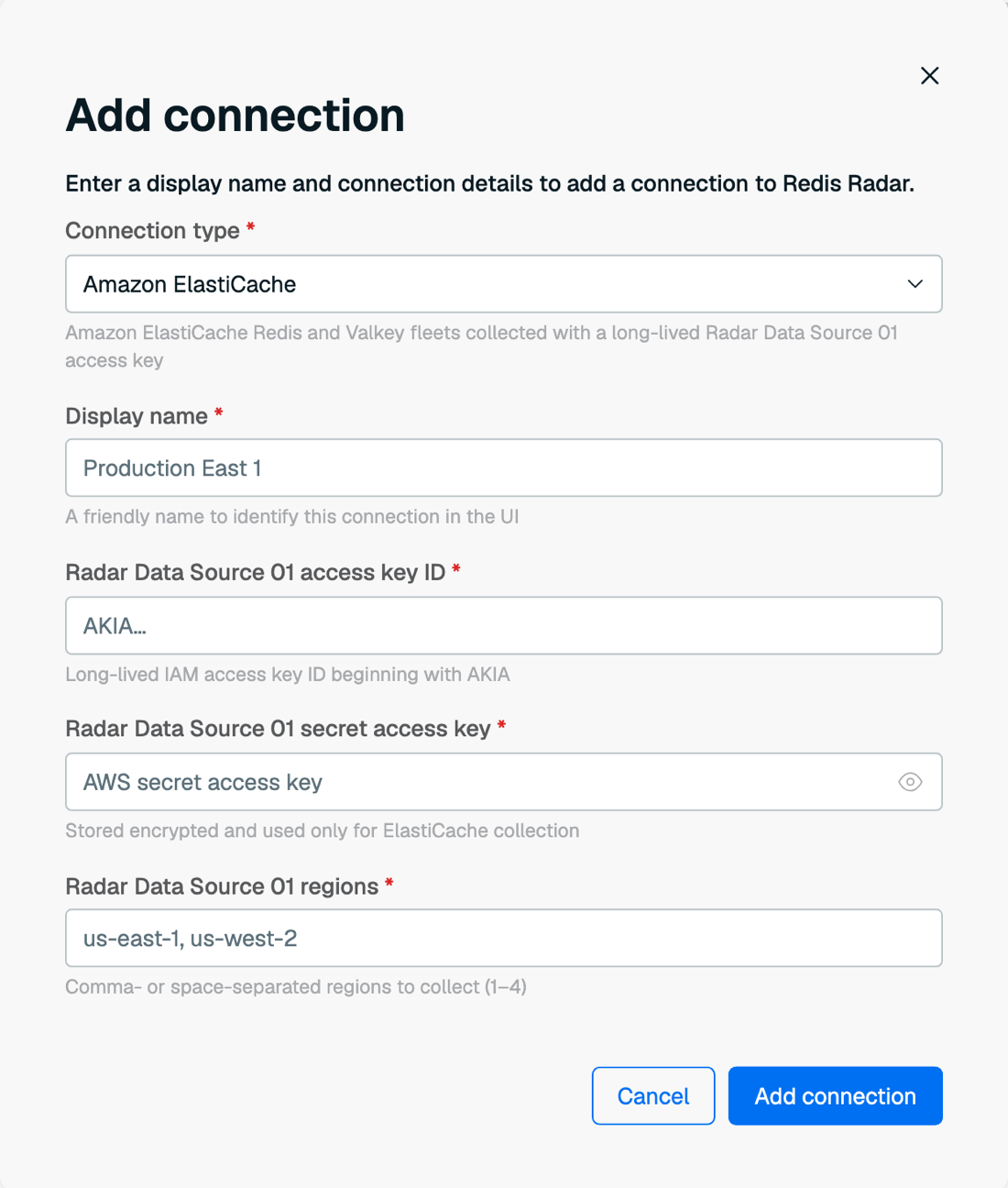 The Add connection dialog set to connection type Amazon ElastiCache