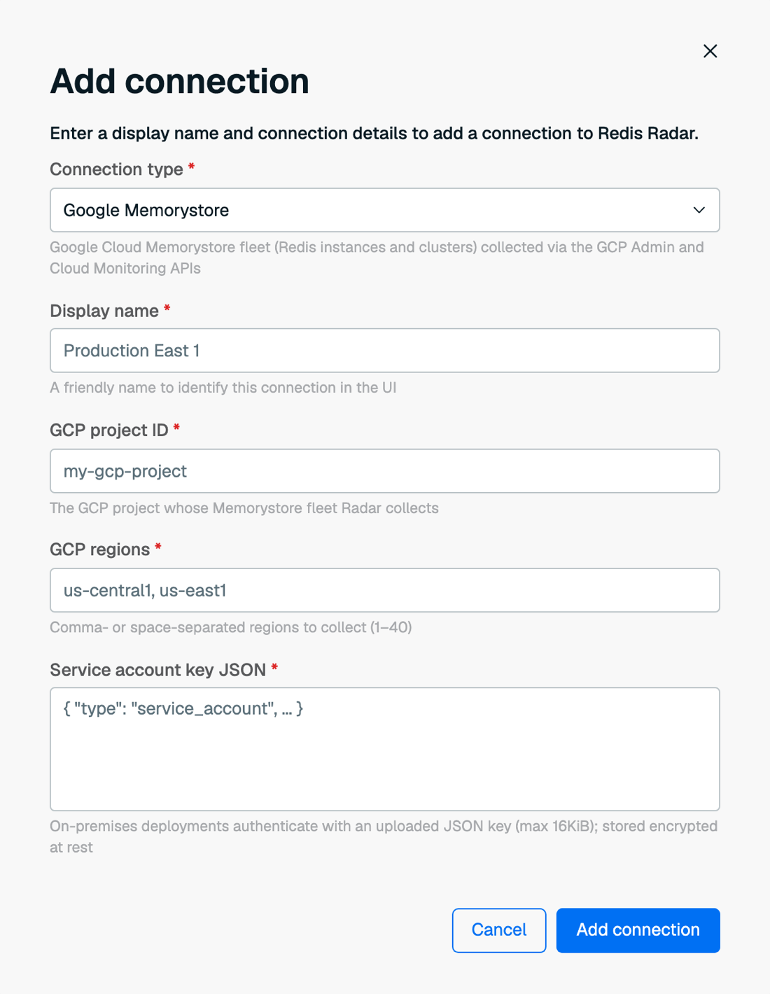 The Add connection dialog set to connection type Google Memorystore