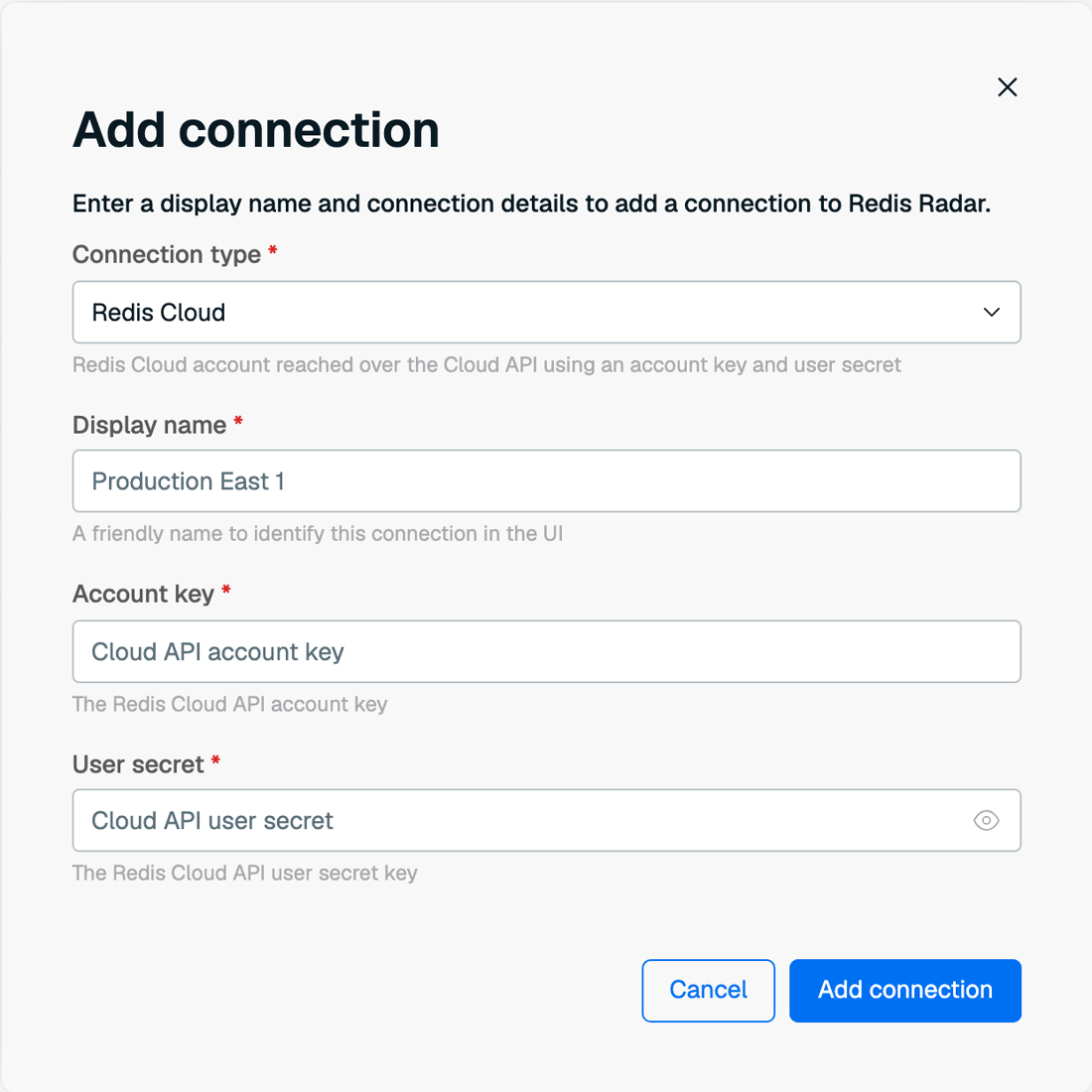 The Add connection dialog set to connection type Redis Cloud