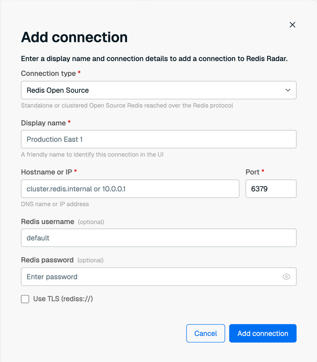 The Add connection dialog set to connection type Redis Open Source