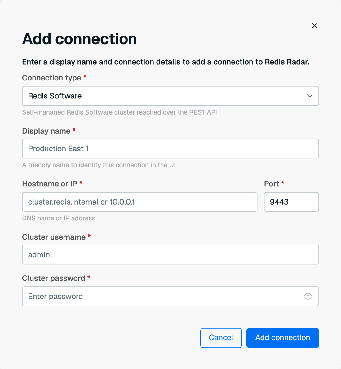 The Add connection dialog set to connection type Redis Software