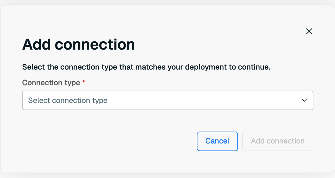 The Add connection dialog, with the connection type selector open
