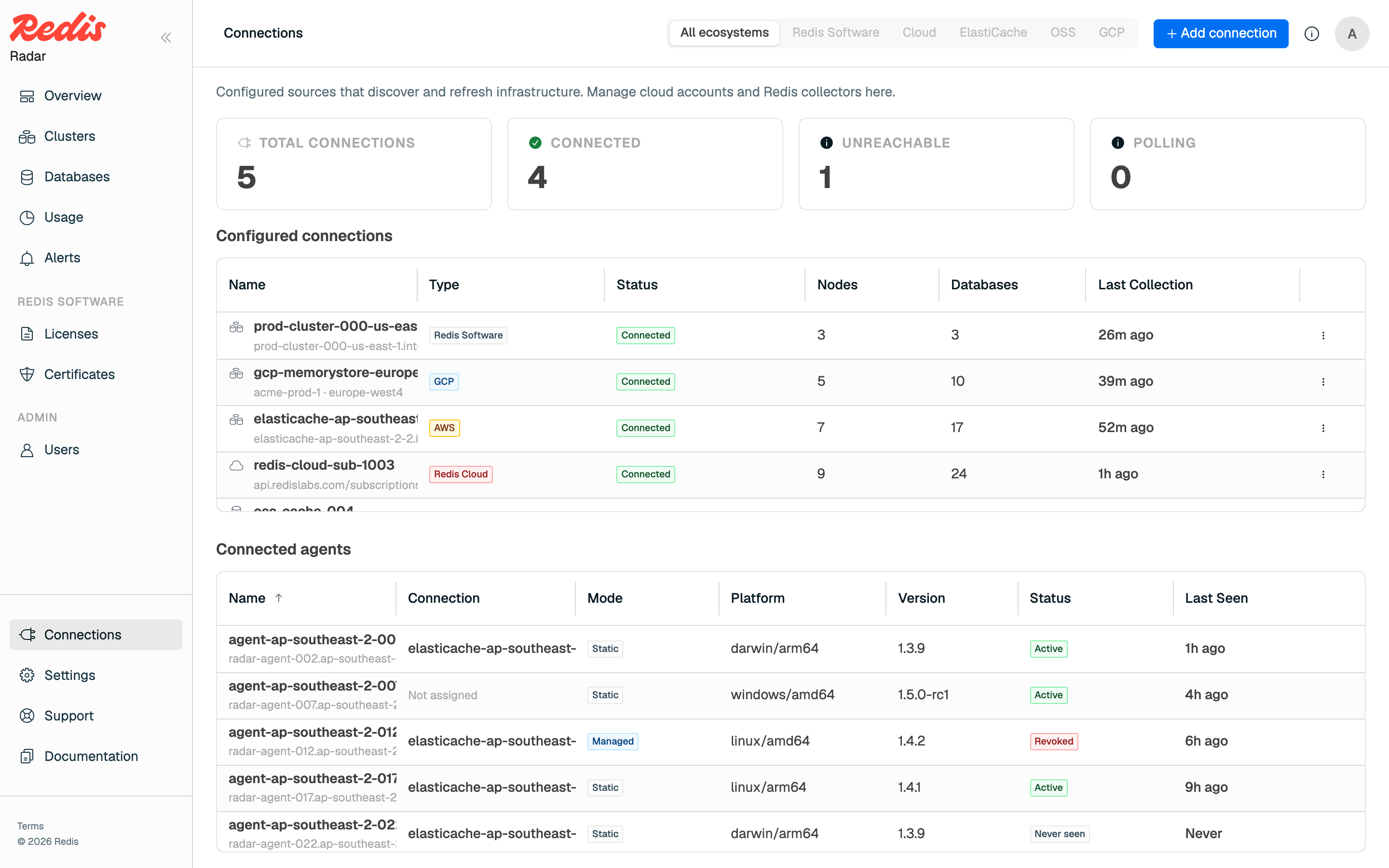 The Connections page, with the Connected agents list showing each agent's mode, platform, version, and status