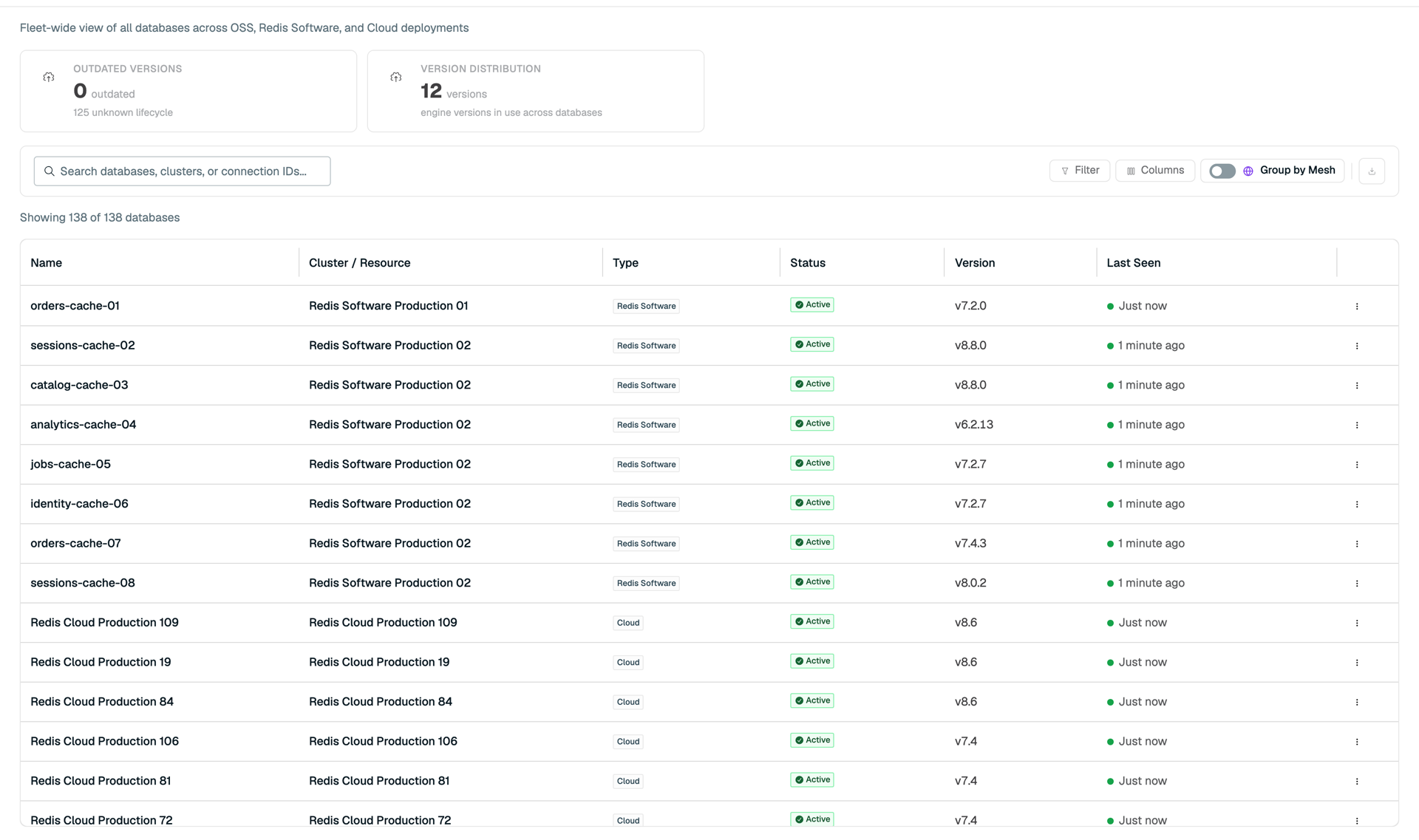 The Radar Databases page, listing databases across clusters with their type, status, and version