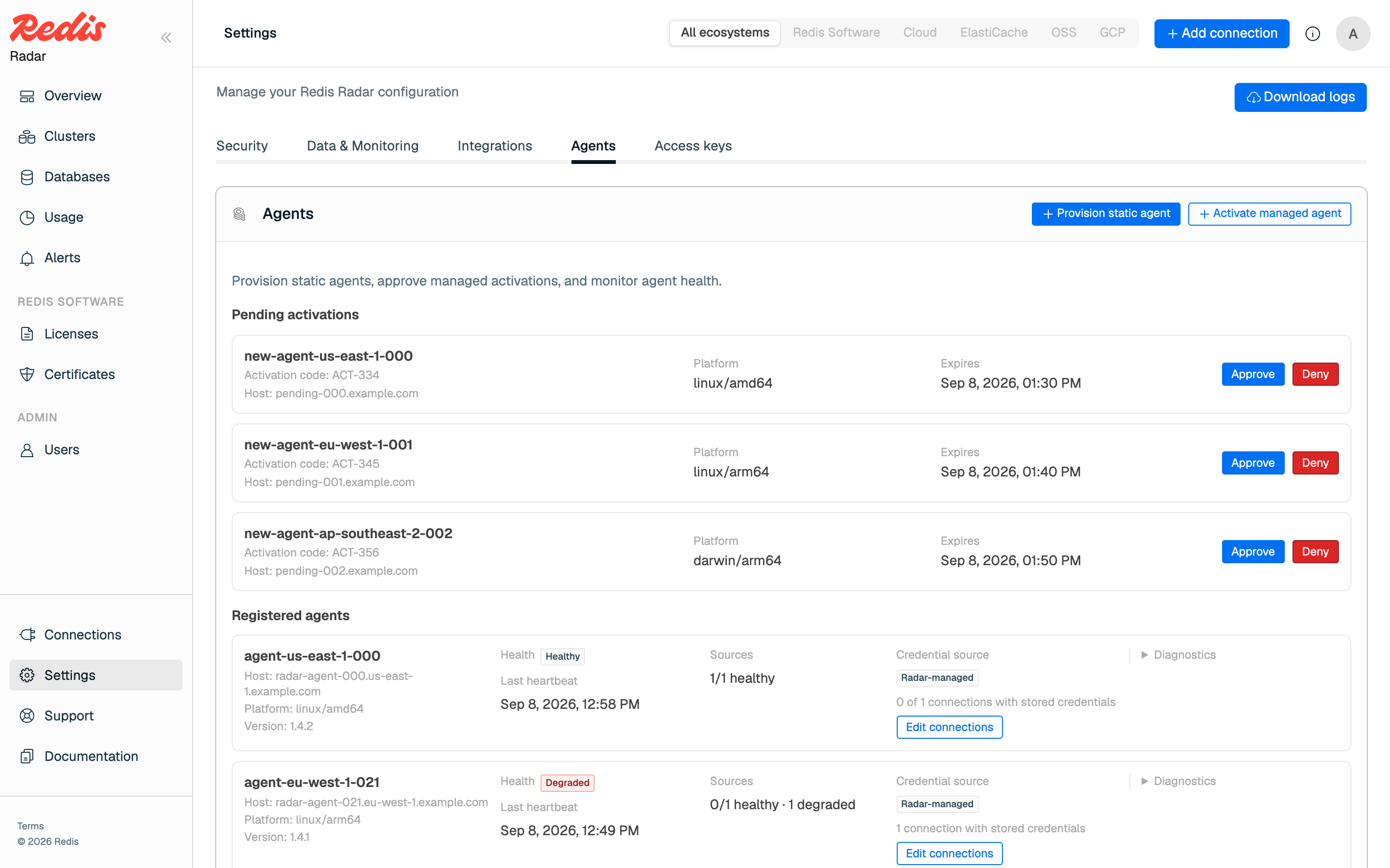 The Agents tab, showing pending activations with Approve and Deny actions above the registered agents list
