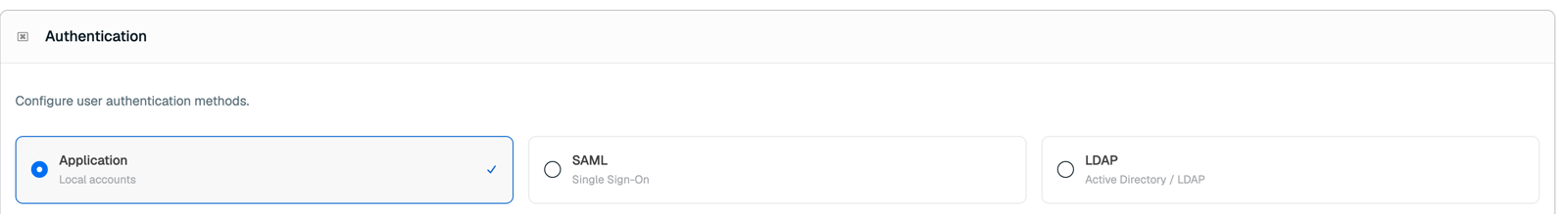 The Settings > Authentication page, showing the Application, SAML, and LDAP method selector