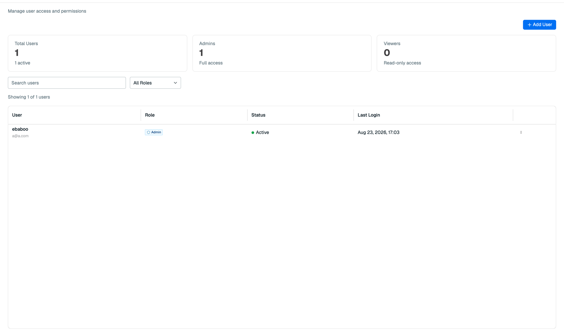 The Users page, listing a local account with its role, status, and last login
