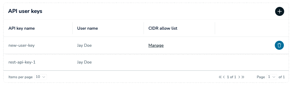 The Delete button appears to the right of the selected user key.