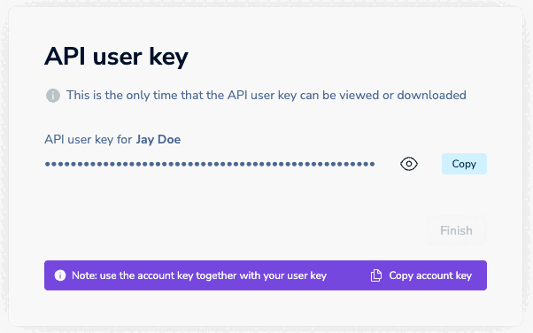 The API user key dialog lets you copy the value of the new key to the Clipboard.