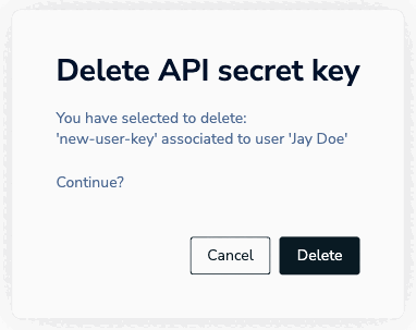 The Delete button appears to the right of the selected user key.