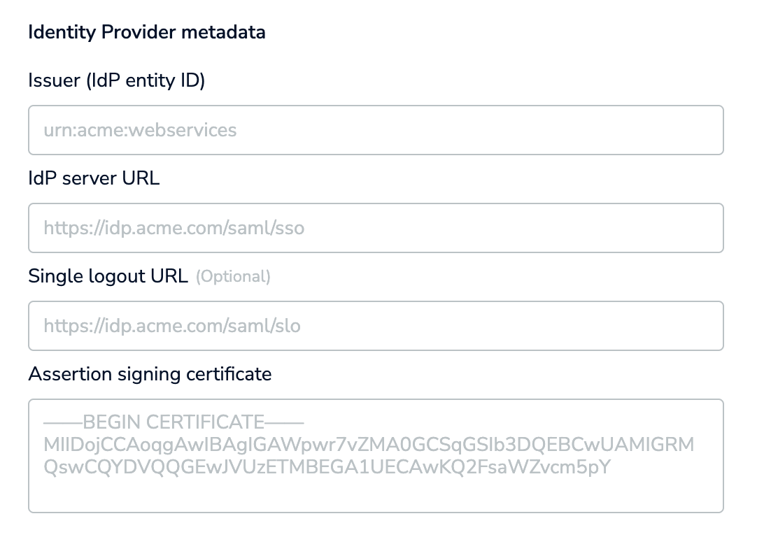 SAML Single Sign-On configuration screen.