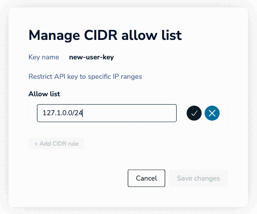 Select the Manage link to define the CIDR allow list dialog.