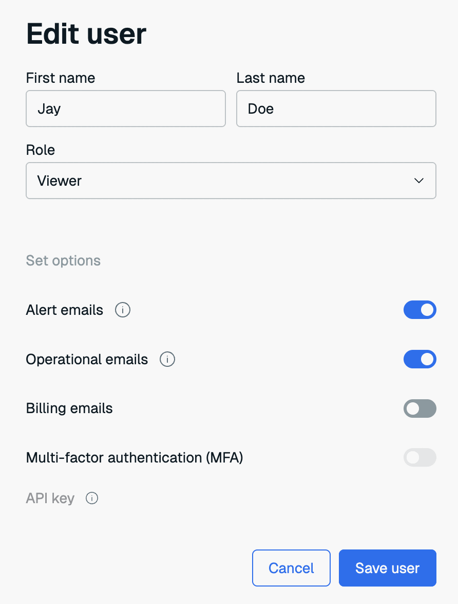 Use the Edit User dialog to change the details for a user