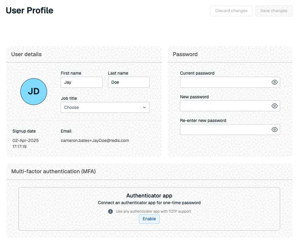 To switch between Redis Cloud accounts, select the desired account from the list shown on the Profile control.
