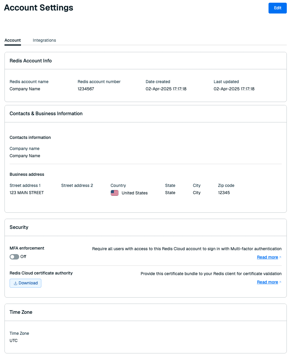 Use the Account tab of the Account Settings screen to review and update settings associated with your Redis Cloud account.