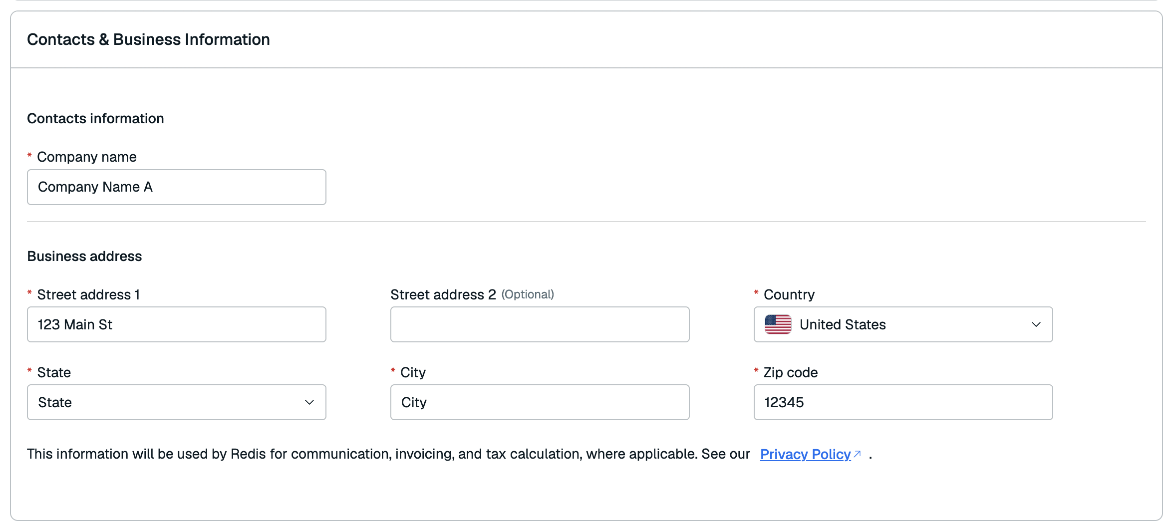 The Contacts & Business information section, with details changed.