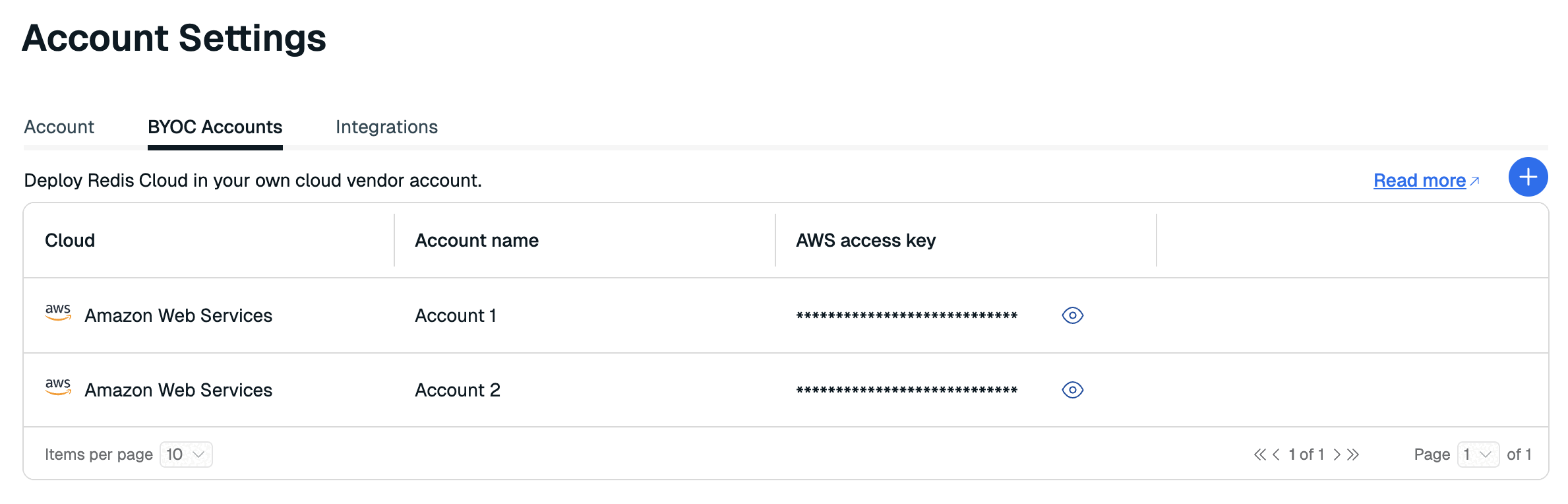 Use the Cloud Account tab of the Account Settings screen to define cloud accounts for your Redis Cloud subscription.