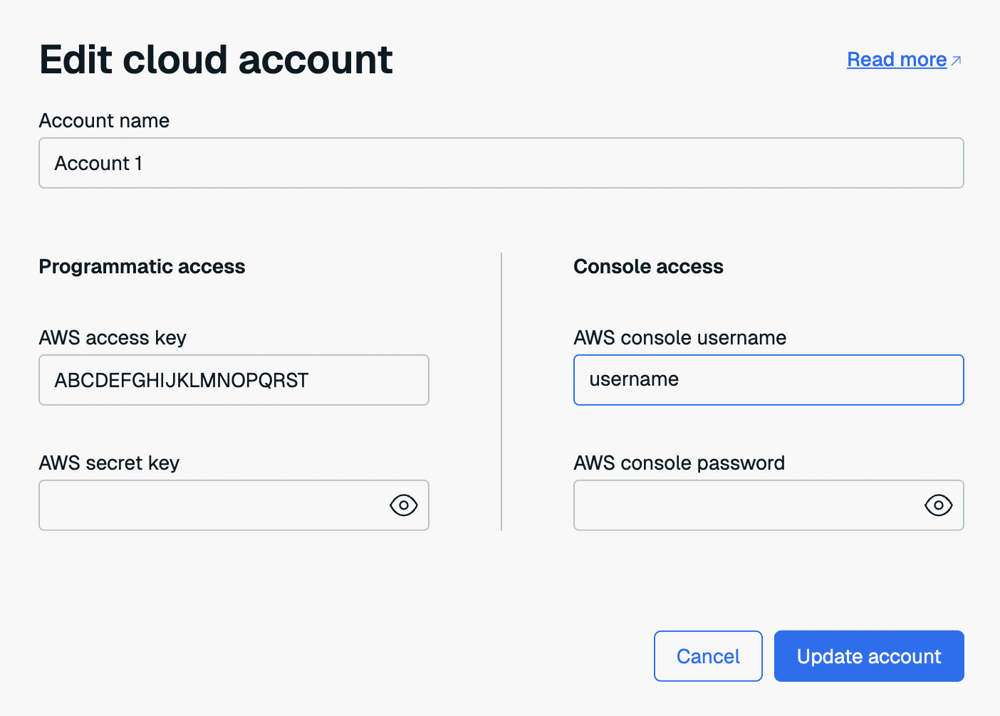 Use the Edit cloud account prompt to update the details of the cloud account.
