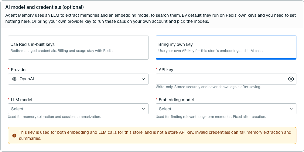 The AI model and credentials section with Bring my own key selected. The section contains the provider, API key, LLM model, and embedding model settings.