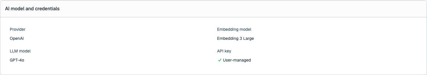 The AI model and credentials section for an existing service. It shows the provider, embedding model, LLM model, and a User-managed API key status.