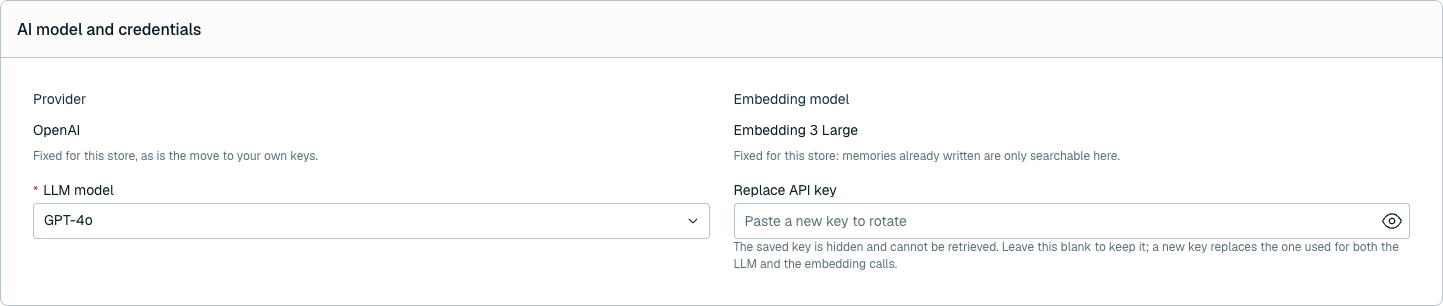 The AI model and credentials section in edit mode. The provider and embedding model are read-only. The LLM model and Replace API key settings are editable.