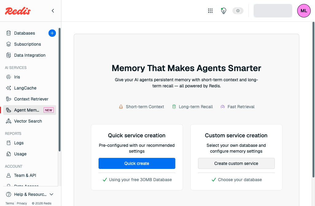 The Agent Memory page in the Redis Cloud console, with Quick create and Create custom service options.