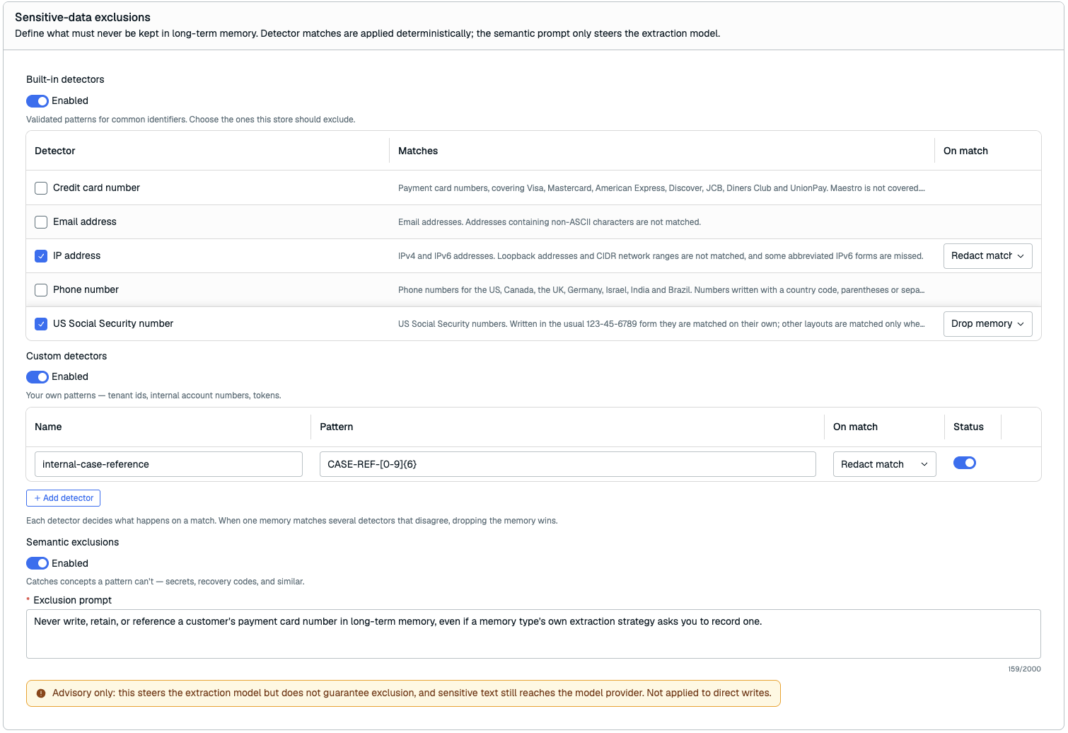 The Sensitive-data exclusions section.