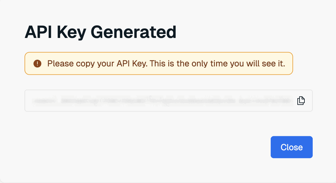 The Agent Memory service key window. Use the Copy button to save the service key to the clipboard.