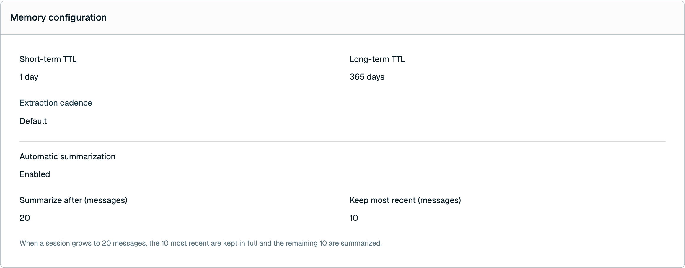 The Memory configuration section for the Agent Memory service.