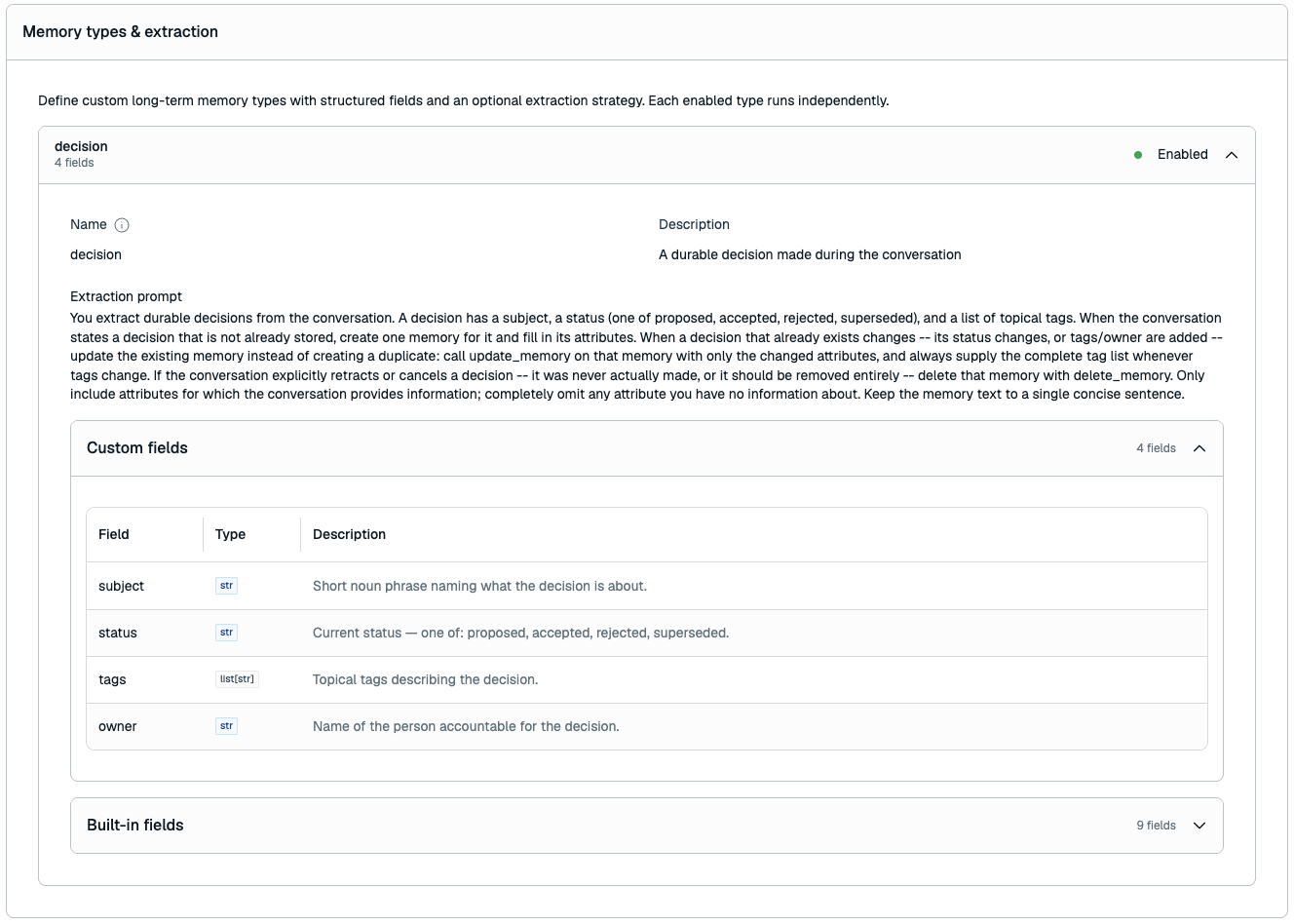 The Memory types & extraction section for the Agent Memory service.
