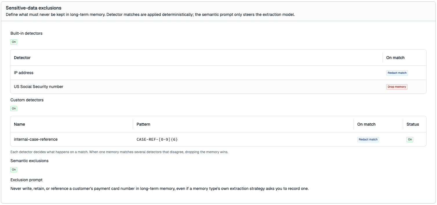 The Sensitive-data exclusions section for the Agent Memory service.
