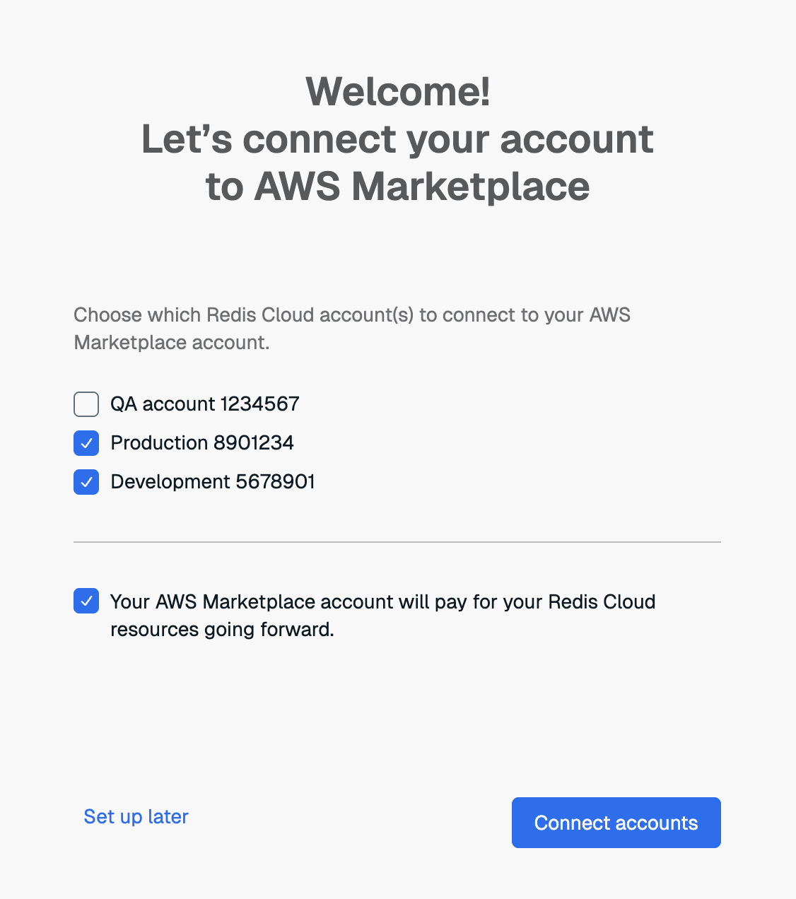 Use the AWS Marketplace dialog to map your Redis Cloud account to your AWS Marketplace account.