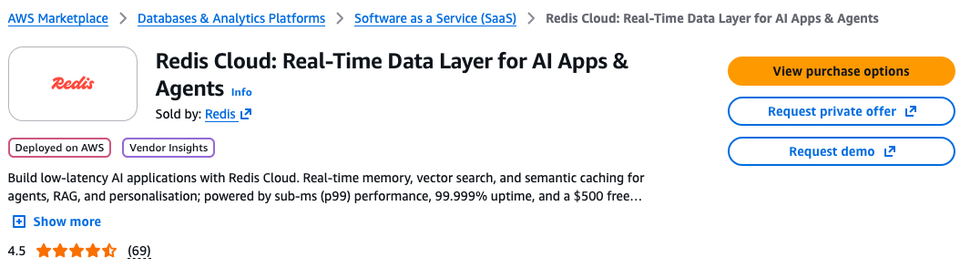 The Redis Cloud listing on AWS Marketplace