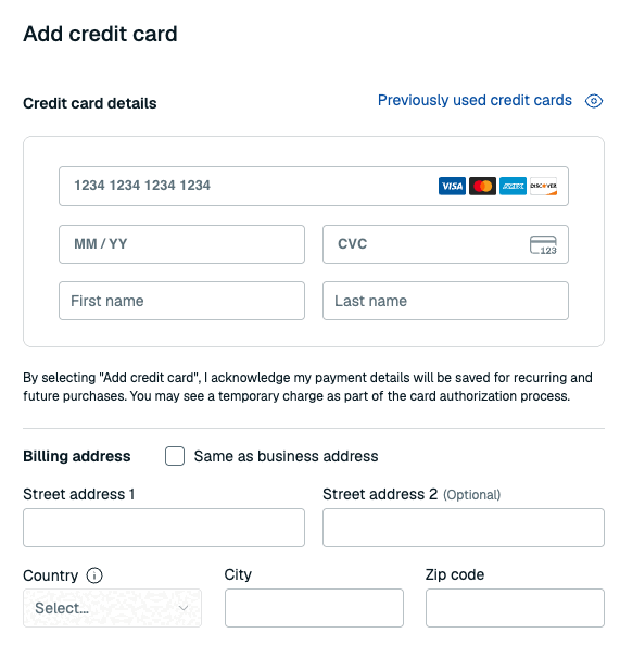 The Add credit card screen after a business address has already been added.