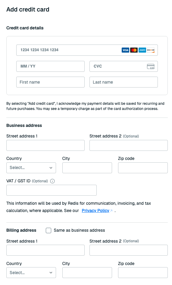 The Add credit card screen before a business address has already been added.