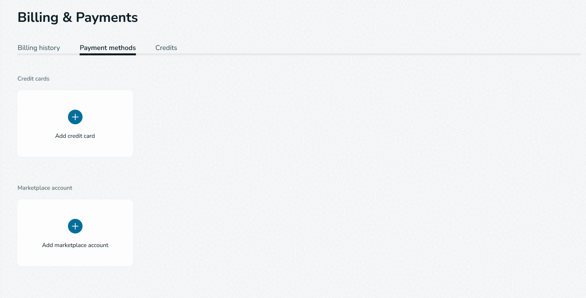 The Payments Methods tab helps you manage payments for your subscriptions.