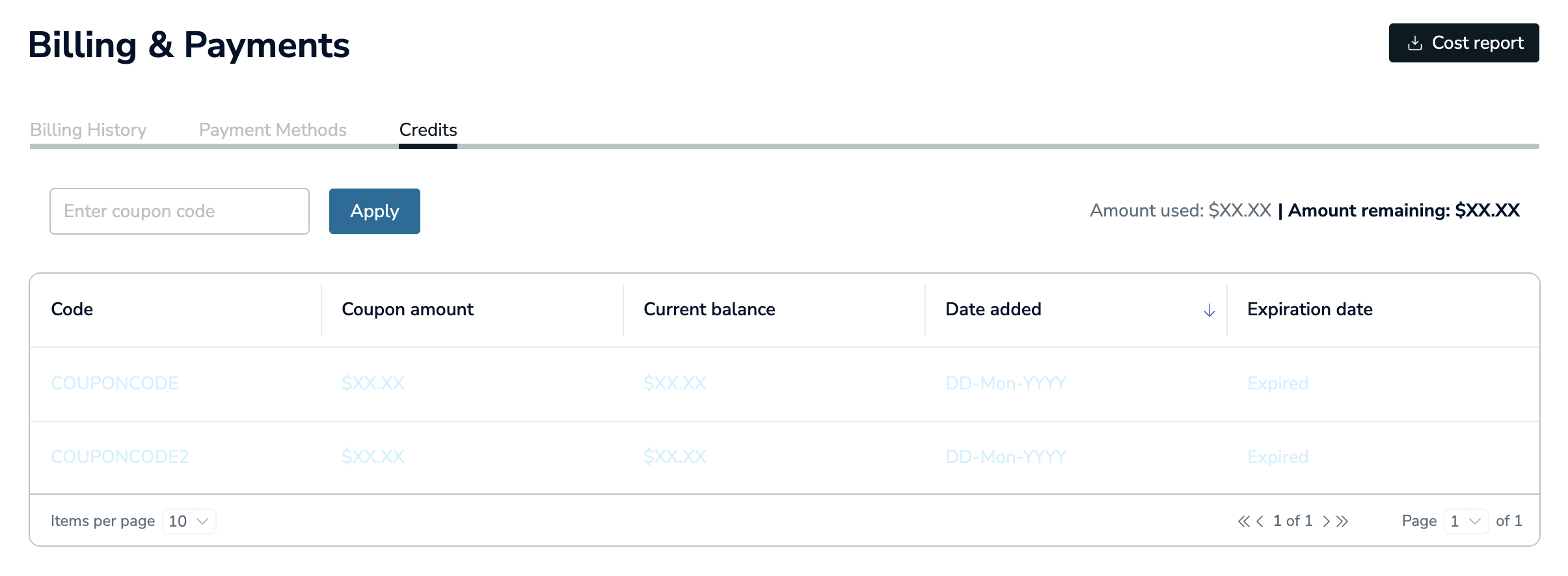 The Credits tab lets you apply coupons to your account and shows credits that have already been applied.