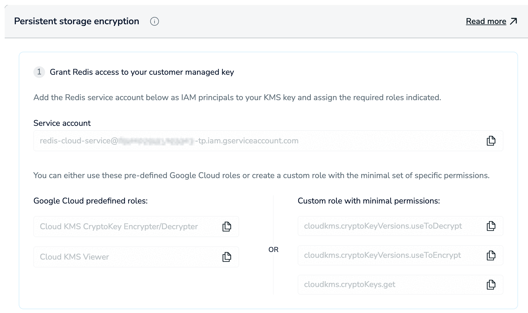 The Grant Redis your customer-managed key section shows the service account needed to add as a principal.