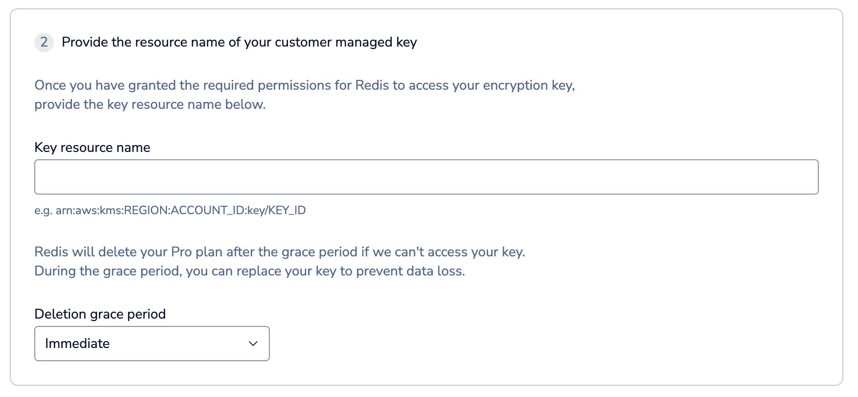 The Provide the name of your customer-managed key section lets you provide your key to Redis.