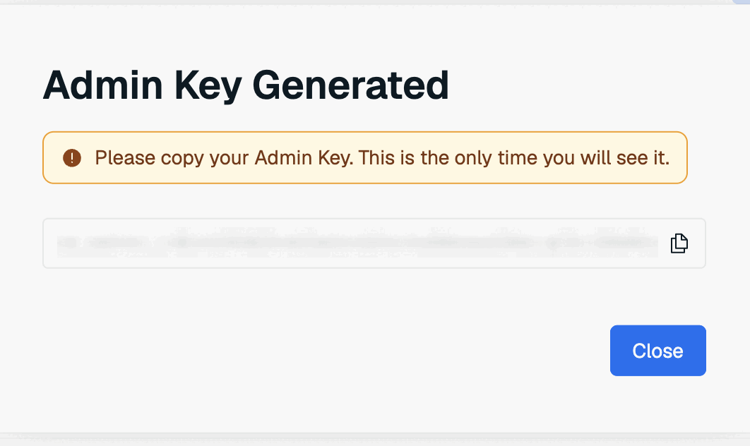 The Context Retriever admin key window. Use the Copy button to save the admin key to the clipboard.
