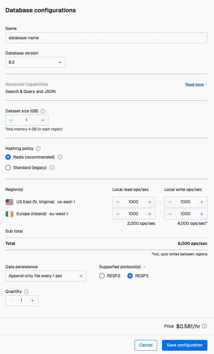 New database dialog for Active-Active database.