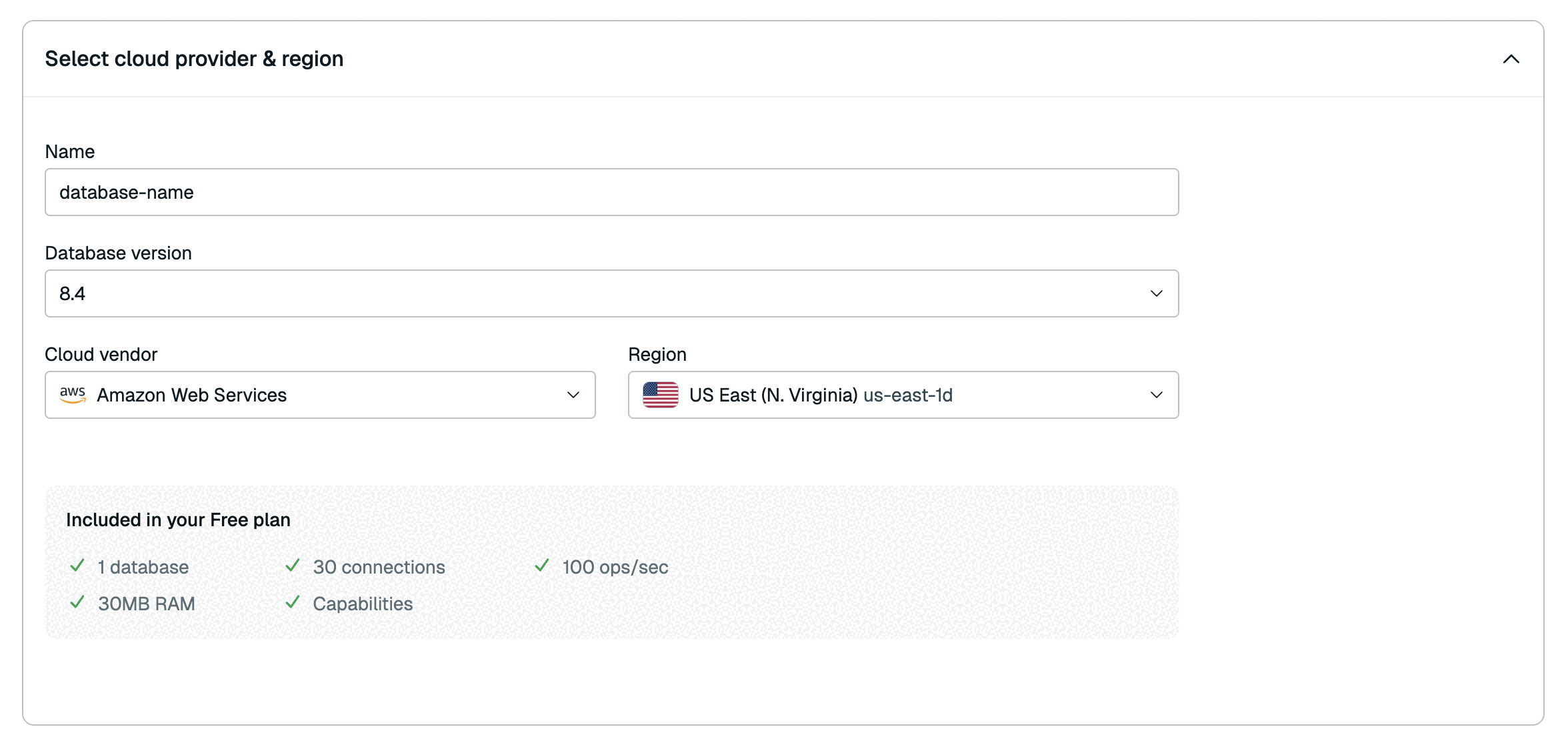The database name, cloud vendor, and region settings.