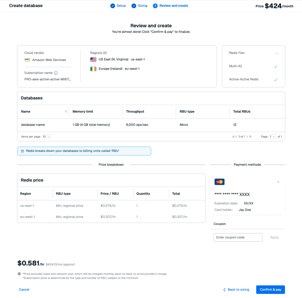 The Review & Create tab of the New Active-Active subscription screen.