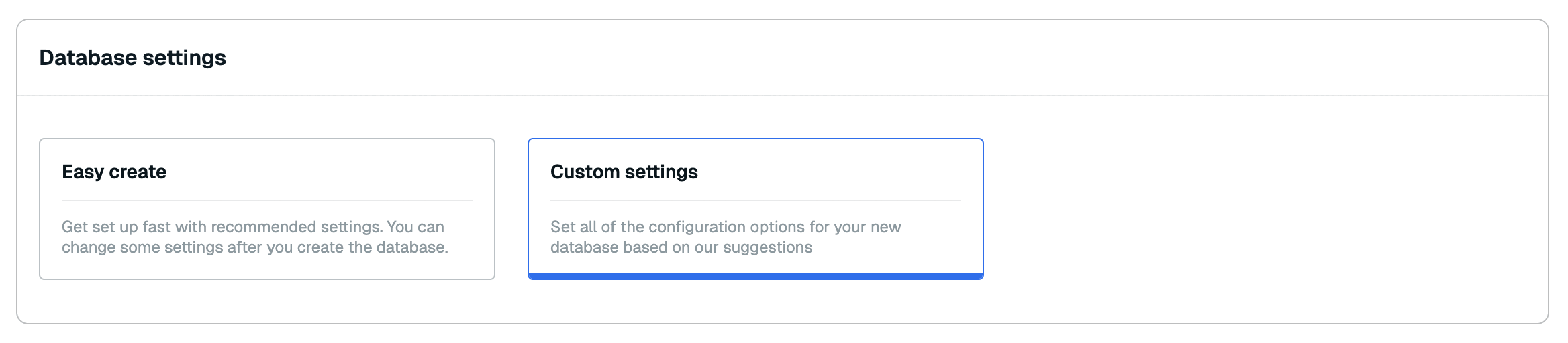 The database settings section, with custom settings selected.
