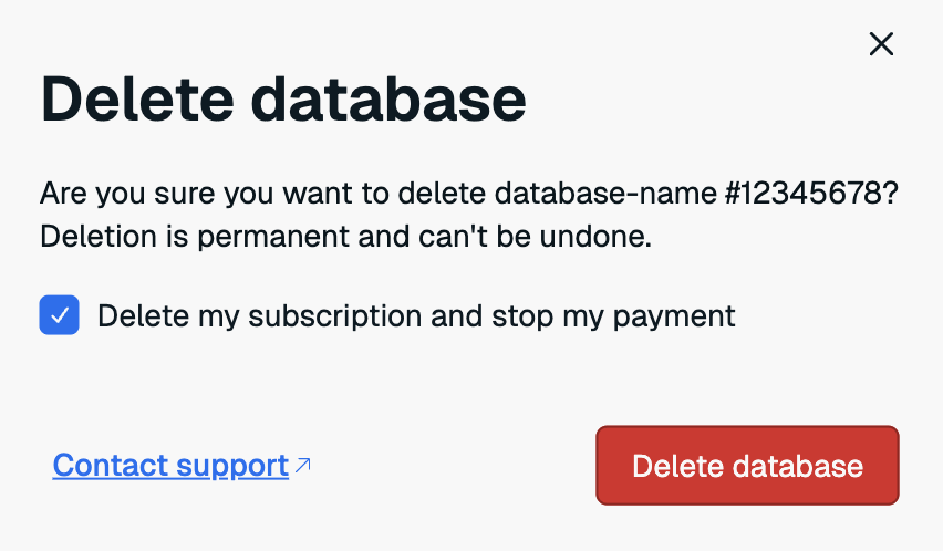 A delete database confirmation dialog asks you to consider deleting the subscription as well.
