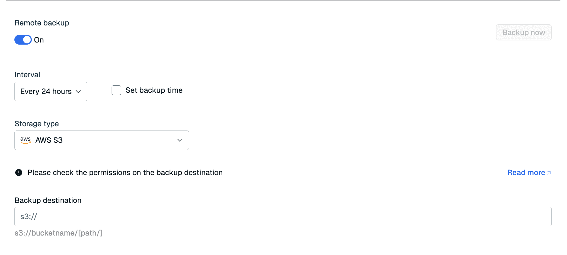 Backup settings appear when you enable the Remote backup settings.