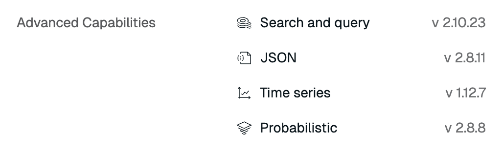For Essentials, the Database details page lists the capabilities and versions added by Redis Stack.