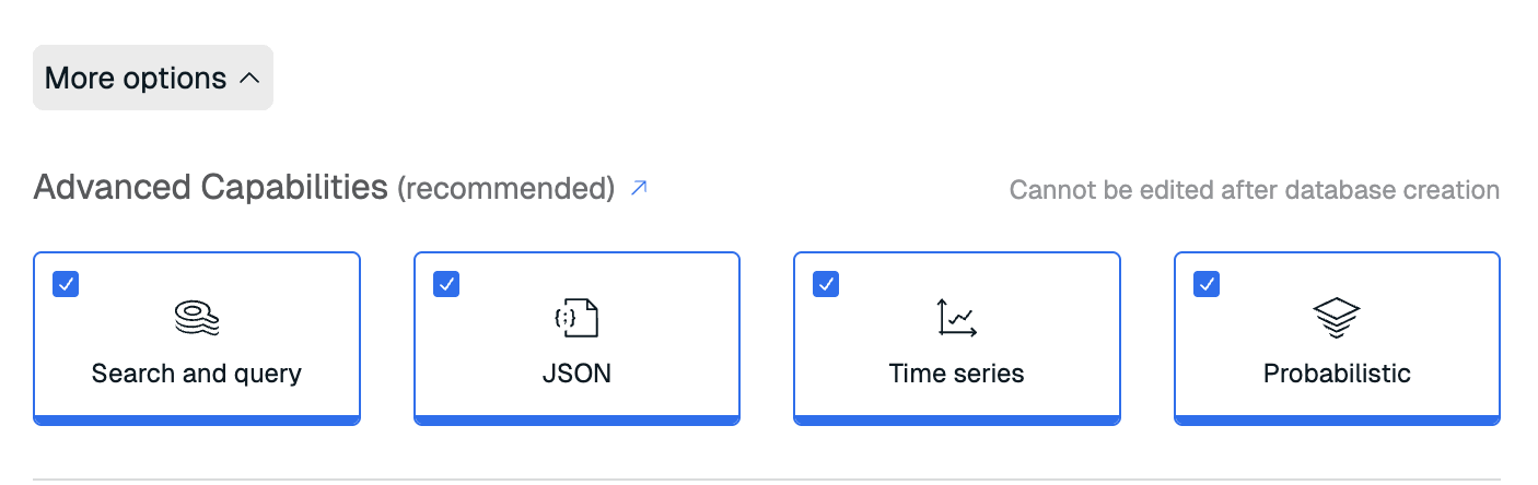 For Pro databases, you can select the capabilities included in your database.