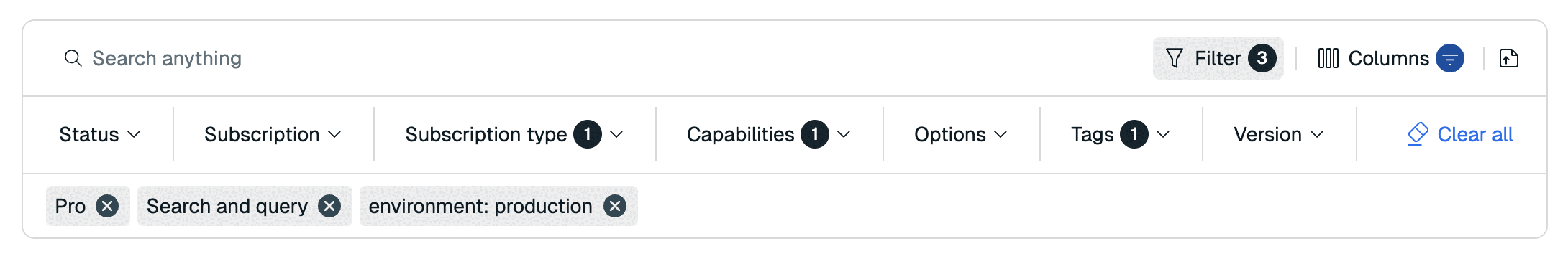 Use the filter toggle to display filter options.